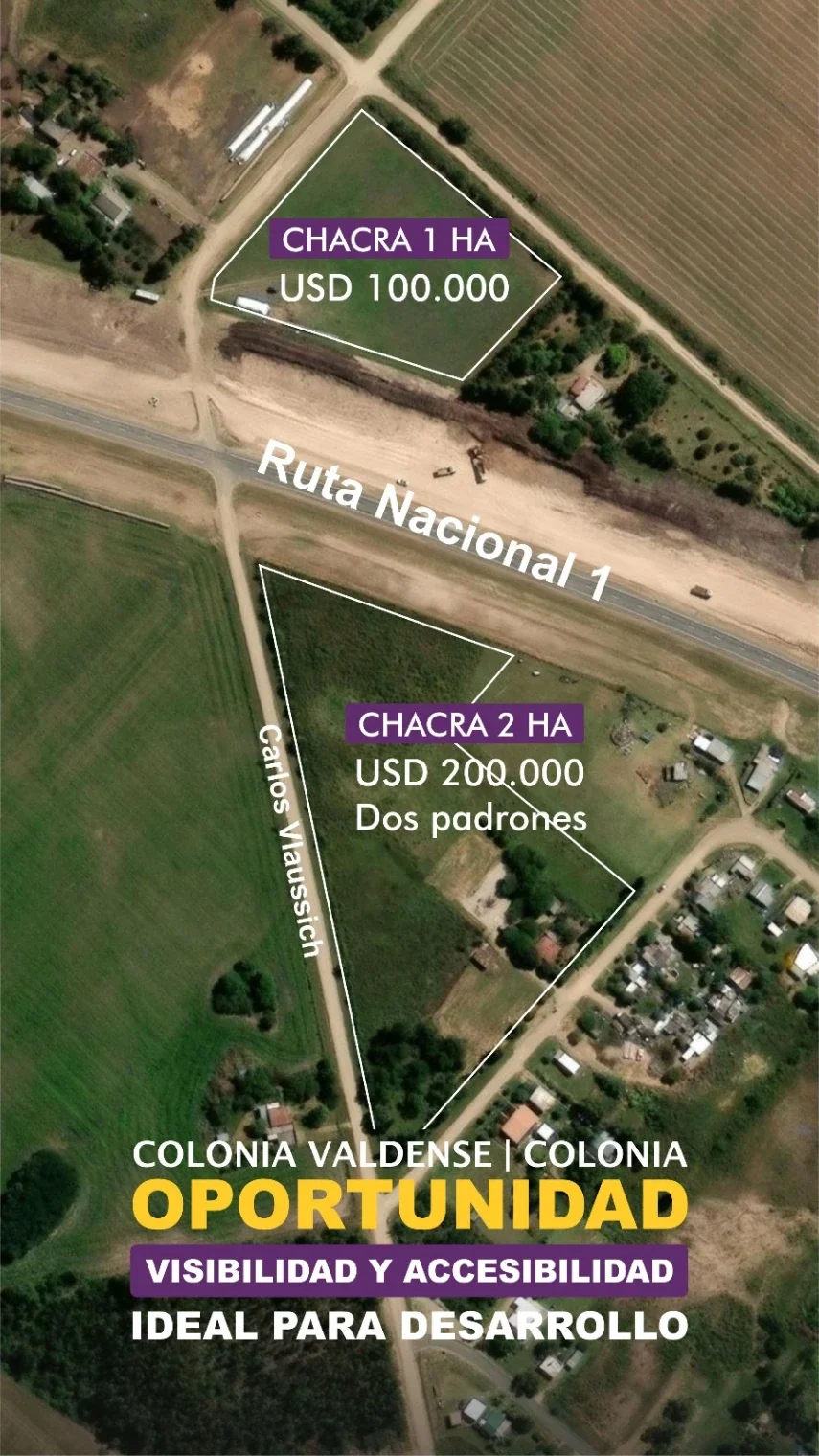 Chacras en venta de 1 y 2 ha Ruta 1 Colonia Valdense - Imagen 1